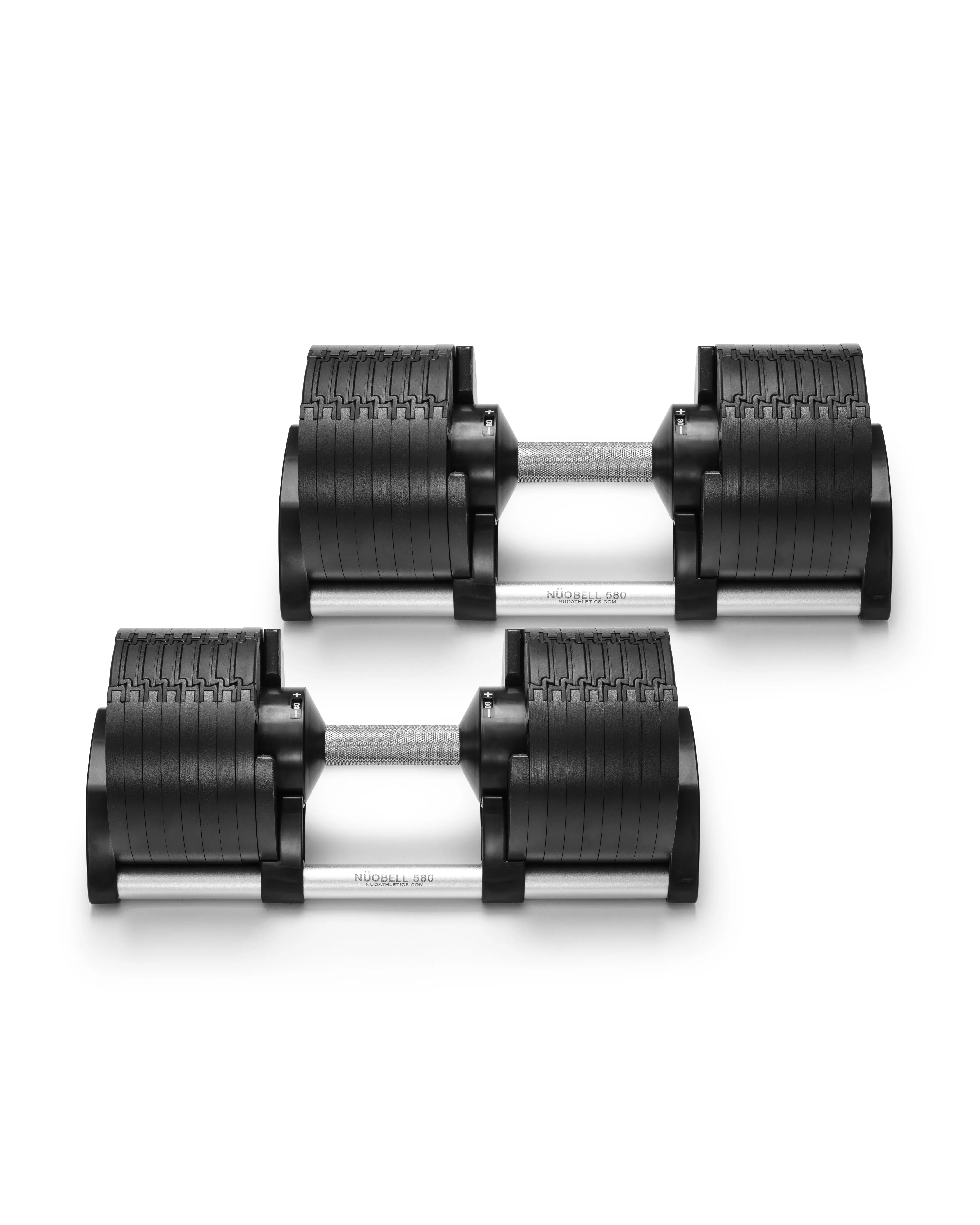 NÜOBELL 580 silver adjustable dumbbells featuring sleek design and easy weight adjustment, perfect for space-saving home workouts and versatile strength training.