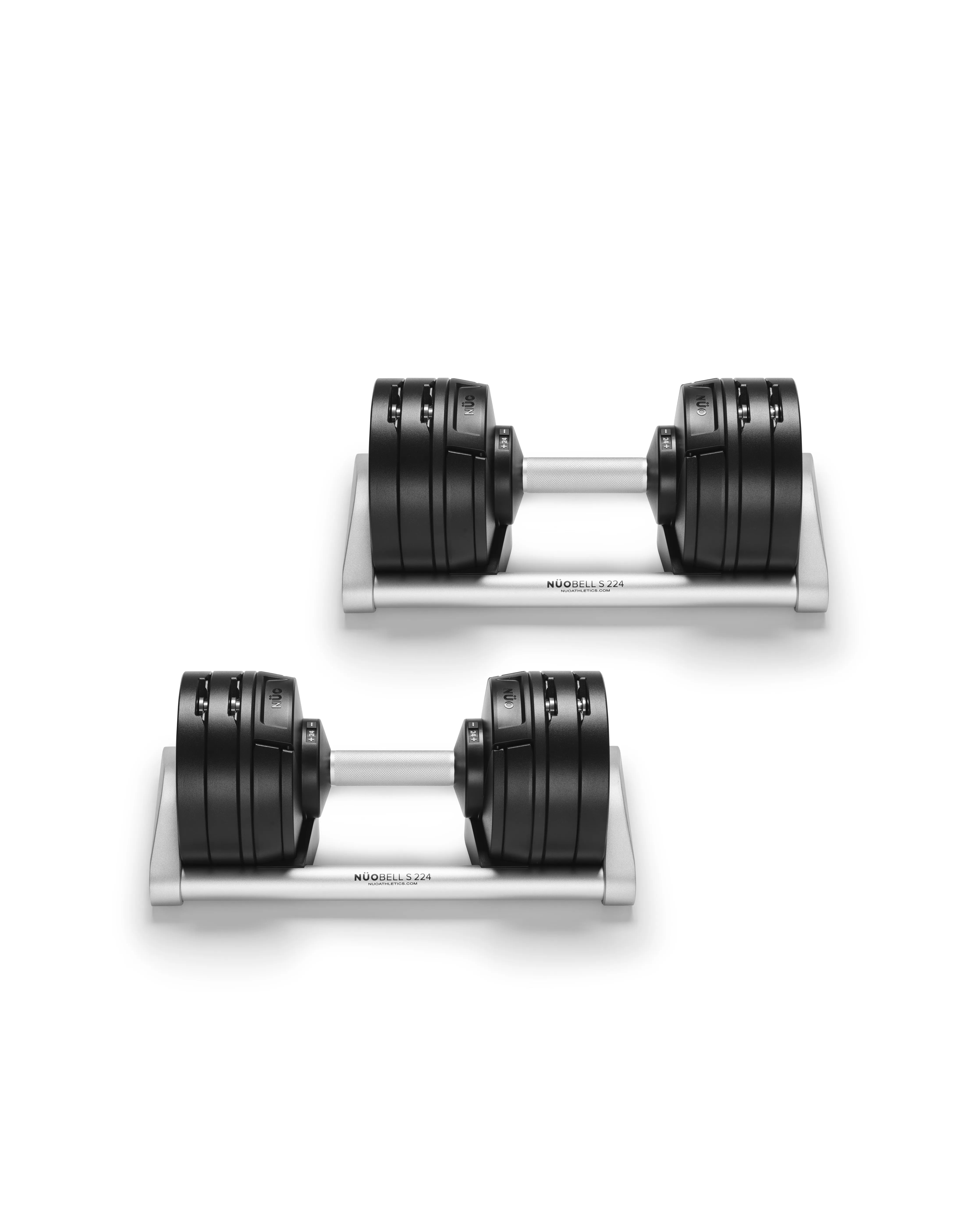 NÜOBELL S 224 Silver adjustable dumbbell featuring a sleek silver design, perfect for compact and versatile home strength training sessions