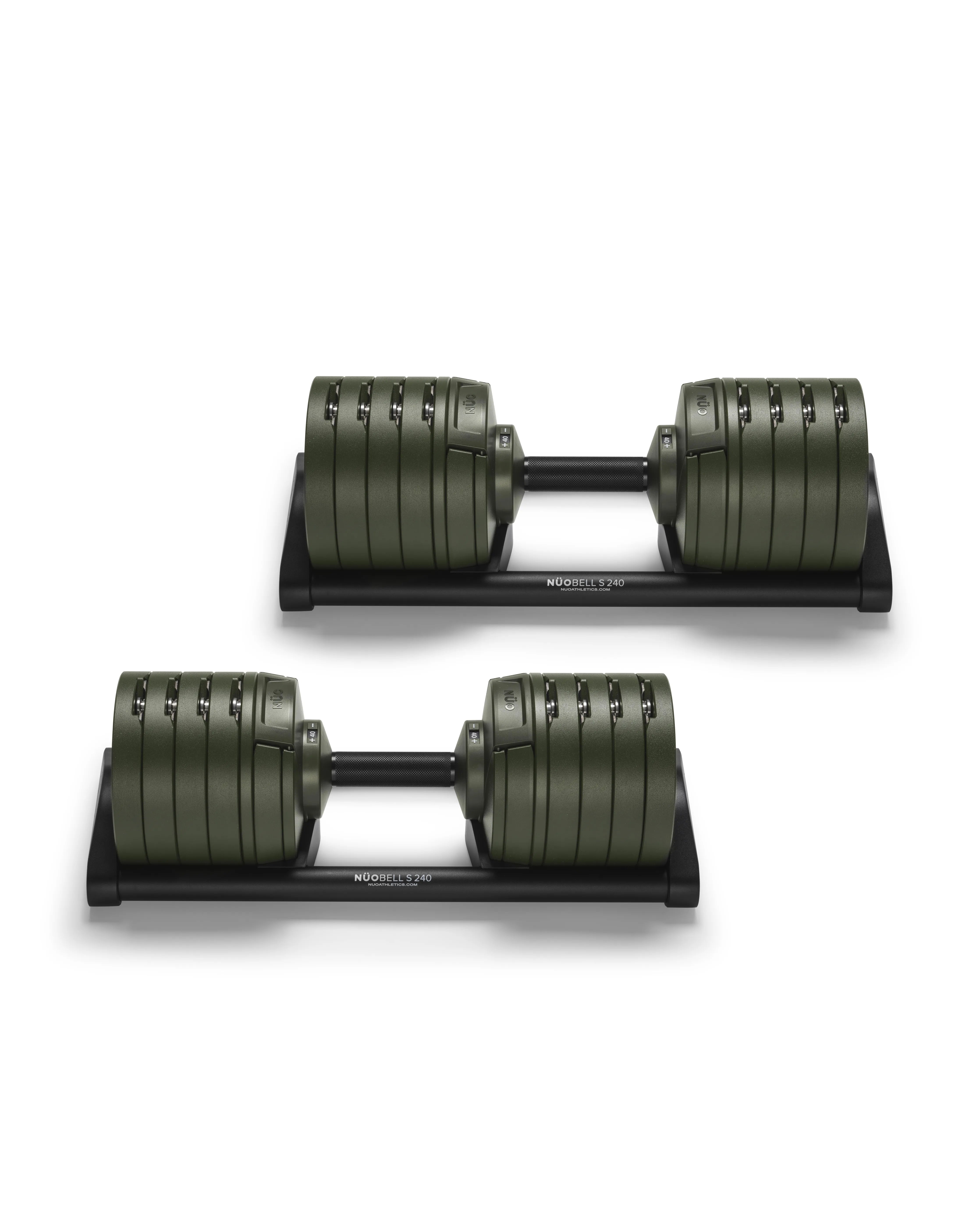 NÜOBELL S 240 Forest – stylish, compact adjustable dumbbell in forest green, designed for efficient home strength training with quick weight changes and robust Swedish craftsmanship.
