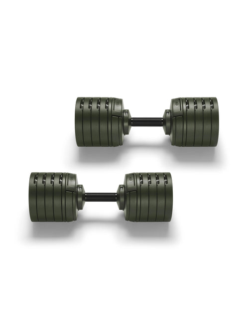 NÜOBELL S 240 Forest – stylish, compact adjustable dumbbell in forest green, designed for efficient home strength training with quick weight changes and robust Swedish craftsmanship.