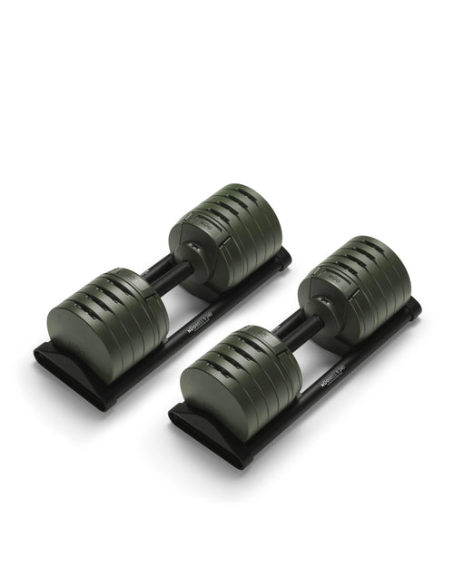 NÜOBELL S 240 Forest – stylish, compact adjustable dumbbell in forest green, designed for efficient home strength training with quick weight changes and robust Swedish craftsmanship.