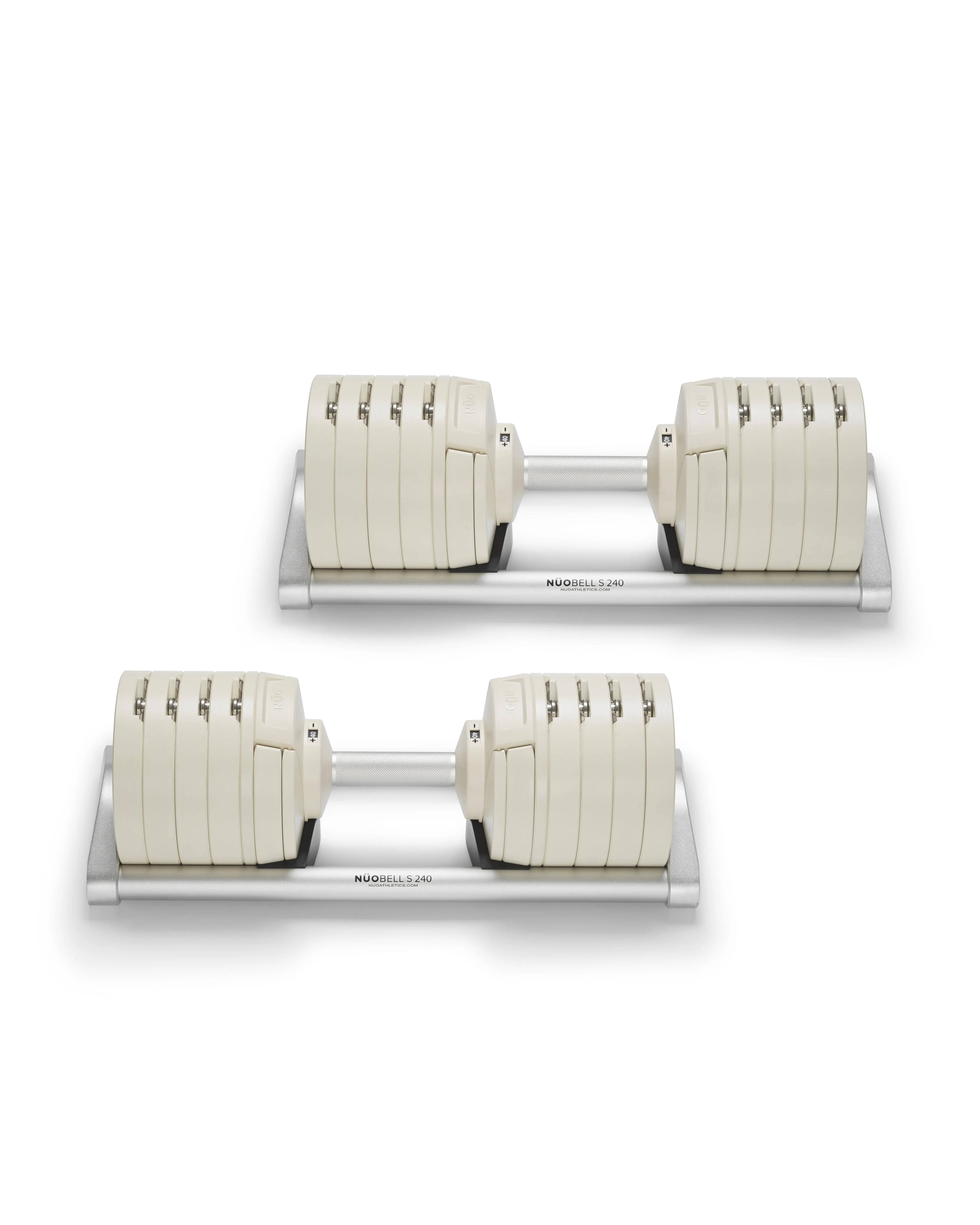 NÜOBELL S 240 Sand – sleek, space-saving adjustable dumbbell in sand color, engineered for versatile strength training at home with easy weight adjustments and durable design.