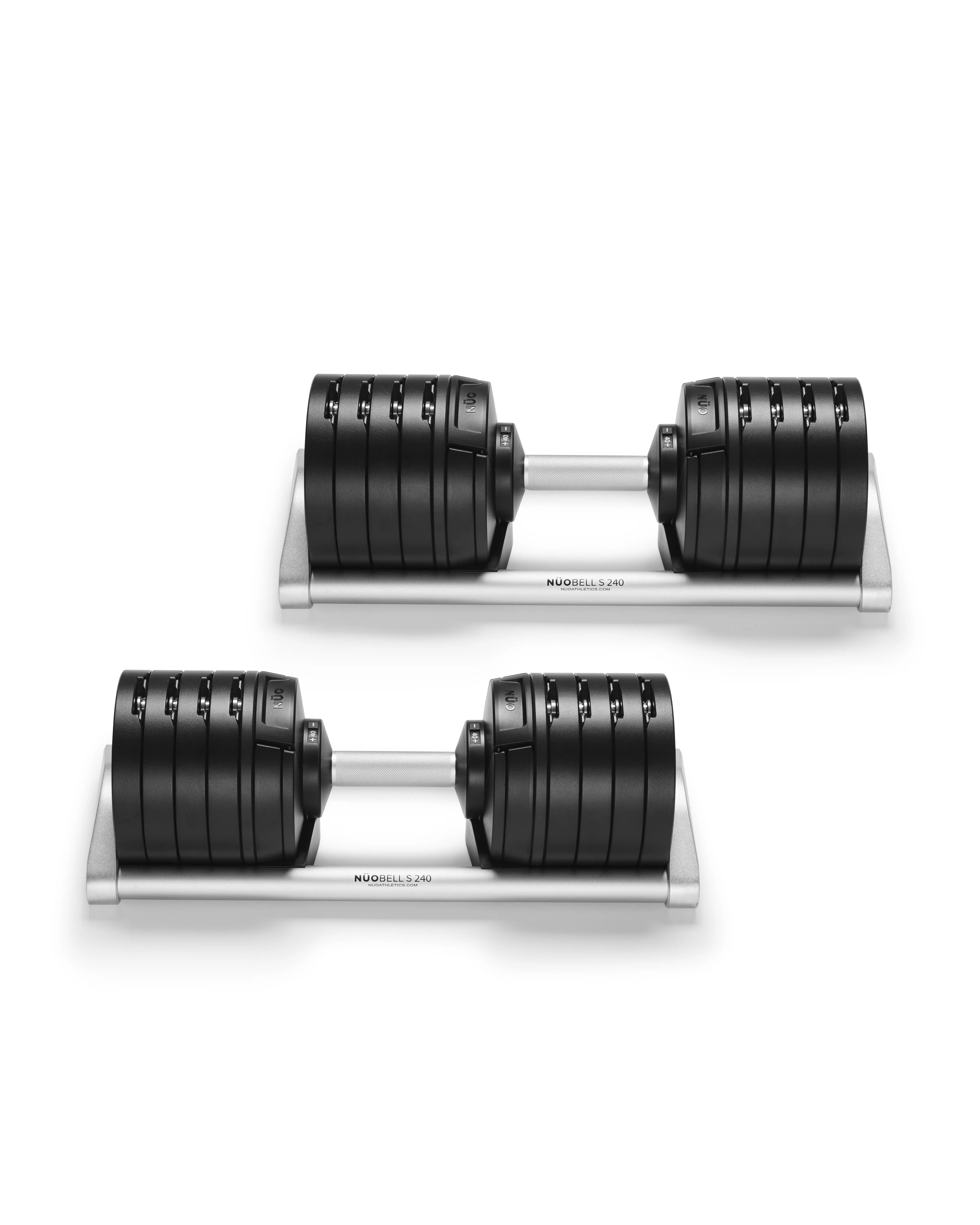 NÜOBELL S 240 Silver adjustable dumbbell featuring a sleek silver design, ideal for compact and versatile home gym training.