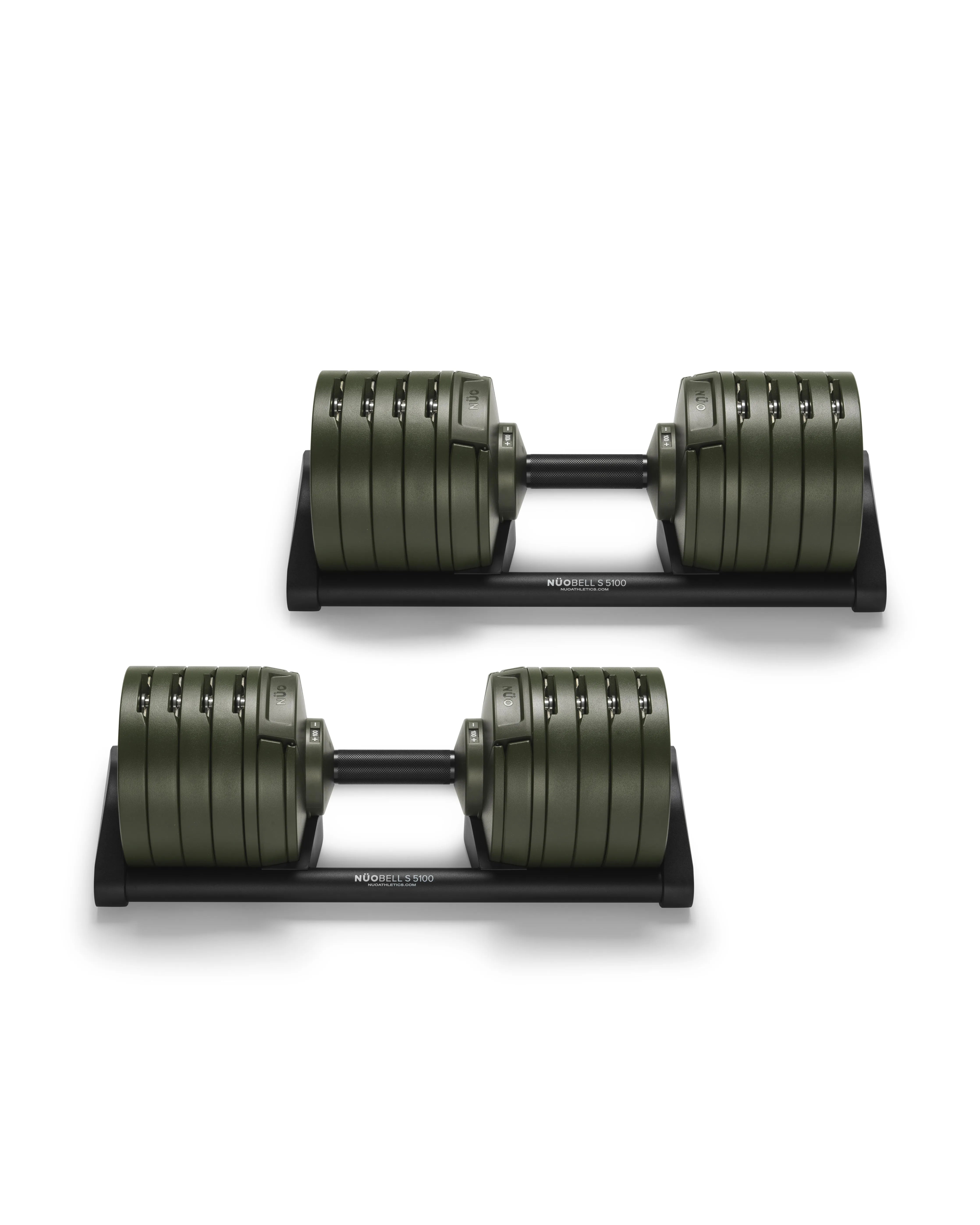 NÜOBELL S 5100 Forest – high-quality adjustable dumbbell set in forest green, designed for compact storage and smooth weight changes, perfect for efficient home workouts.