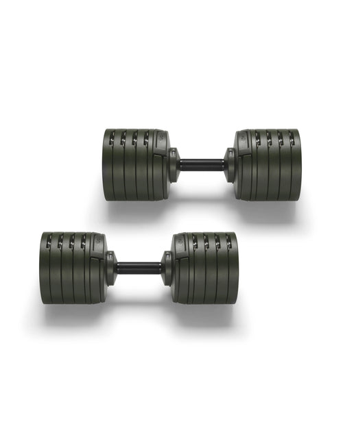 NÜOBELL S 5100 Forest – high-quality adjustable dumbbell set in forest green, designed for compact storage and smooth weight changes, perfect for efficient home workouts.