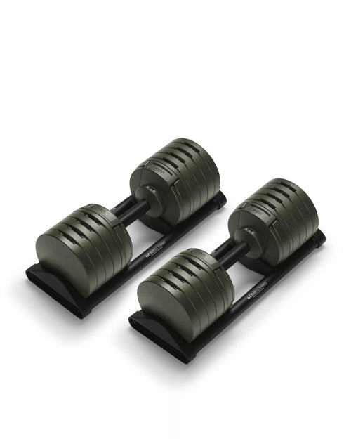 NÜOBELL S 5100 Forest – high-quality adjustable dumbbell set in forest green, designed for compact storage and smooth weight changes, perfect for efficient home workouts.
