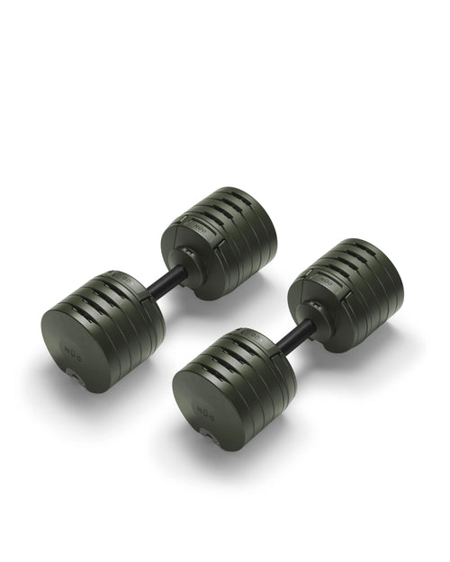 NÜOBELL S 5100 Forest – high-quality adjustable dumbbell set in forest green, designed for compact storage and smooth weight changes, perfect for efficient home workouts.