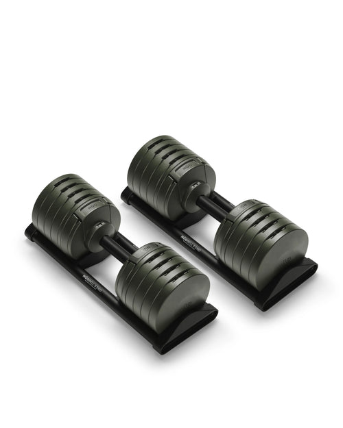 NÜOBELL S 5100 Forest – high-quality adjustable dumbbell set in forest green, designed for compact storage and smooth weight changes, perfect for efficient home workouts.