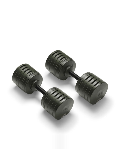 NÜOBELL S 5100 Forest – high-quality adjustable dumbbell set in forest green, designed for compact storage and smooth weight changes, perfect for efficient home workouts.
