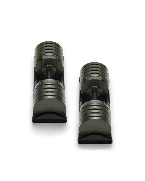 NÜOBELL S 5100 Forest – high-quality adjustable dumbbell set in forest green, designed for compact storage and smooth weight changes, perfect for efficient home workouts.