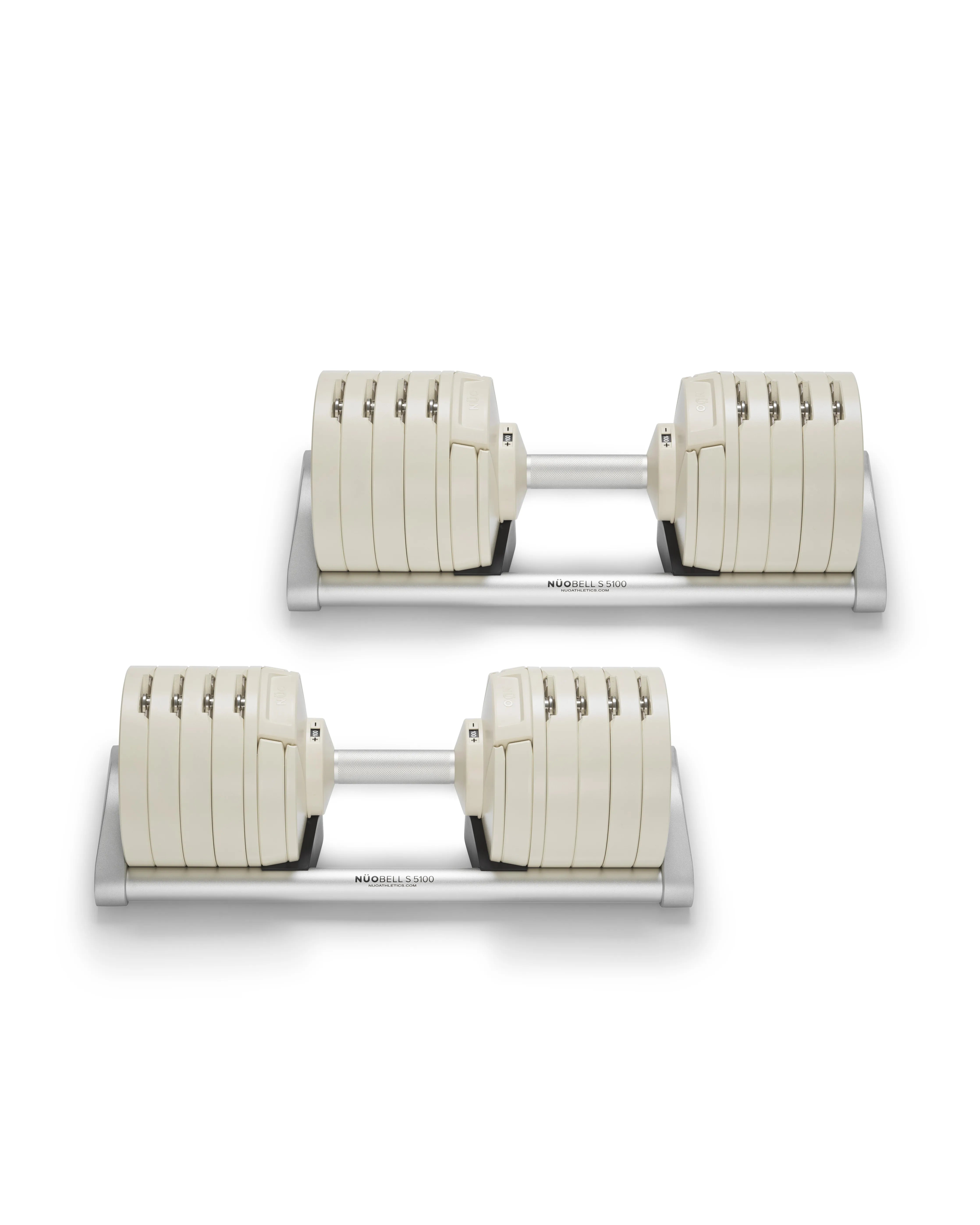 NÜOBELL S 5100 Sand – premium adjustable dumbbell set in sand color, offering compact design and easy weight adjustments for versatile home strength training sessions.