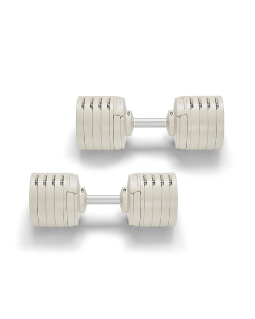 NÜOBELL S 5100 Sand – premium adjustable dumbbell set in sand color, offering compact design and easy weight adjustments for versatile home strength training sessions.