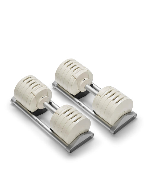 NÜOBELL S 5100 Sand – premium adjustable dumbbell set in sand color, offering compact design and easy weight adjustments for versatile home strength training sessions.