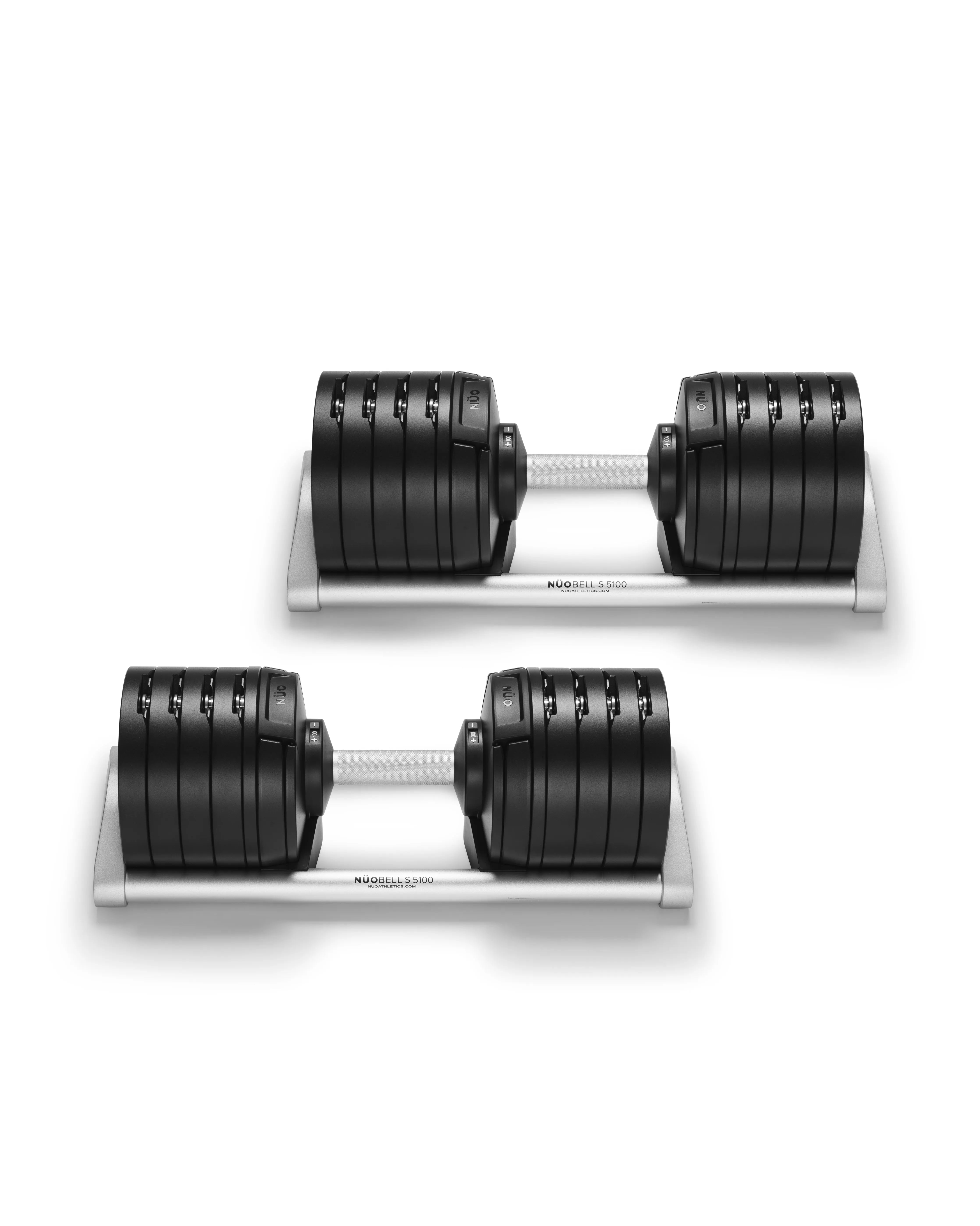 NÜOBELL S 5100 Silver adjustable dumbbell with sleek design and easy weight adjustments, perfect for efficient home strength training and space-saving workouts.
