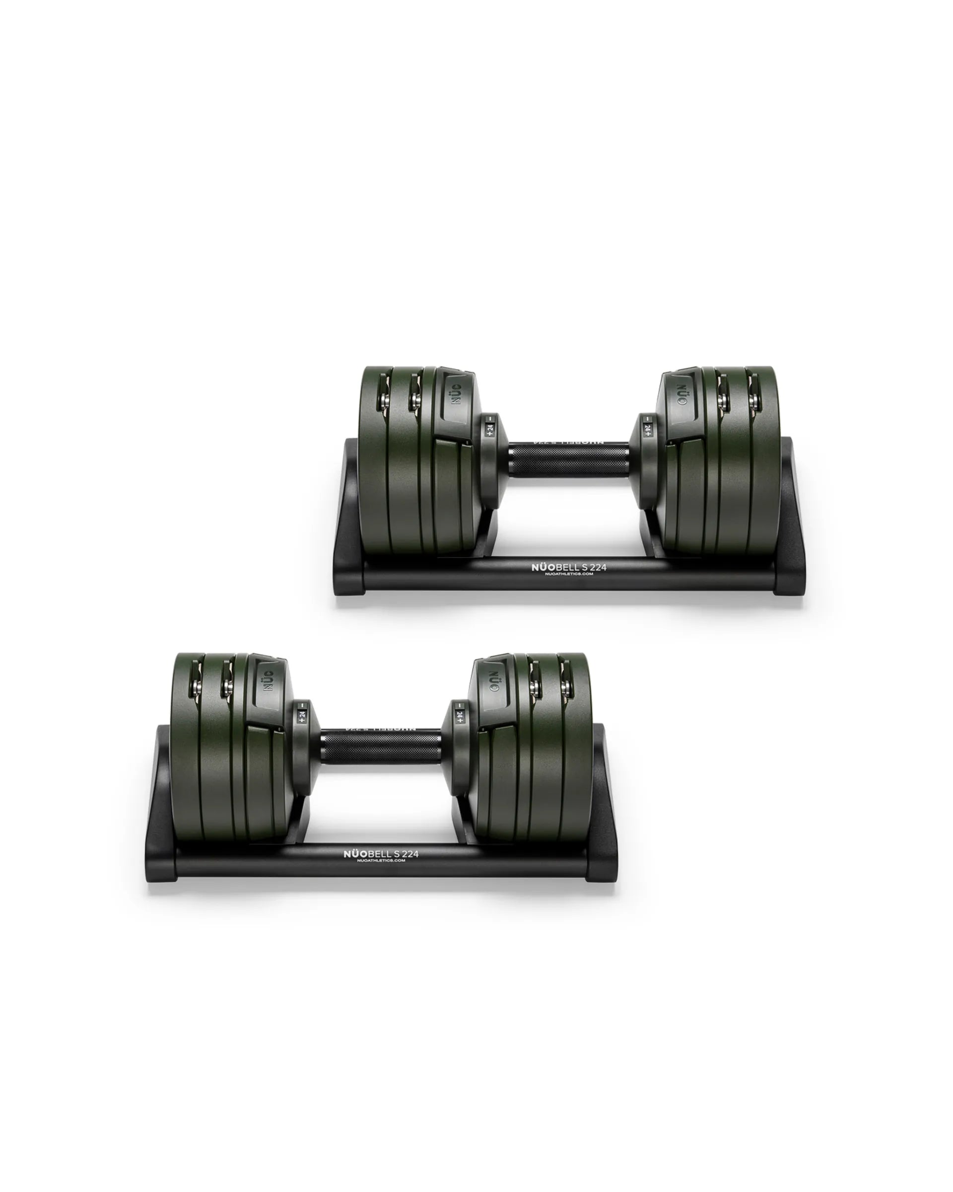 NÜOBELL S 224 Green – adjustable dumbbell in green, designed for efficient weight changes and compact home gym use with durable construction.