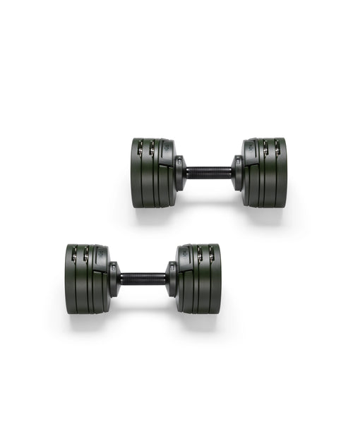 NÜOBELL S 224 Green – adjustable dumbbell in green, designed for efficient weight changes and compact home gym use with durable construction.