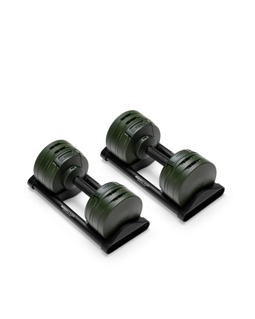 NÜOBELL S 224 Green – adjustable dumbbell in green, designed for efficient weight changes and compact home gym use with durable construction.