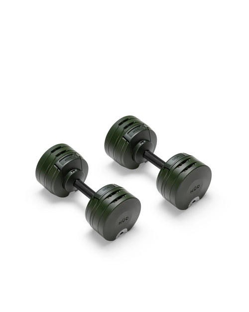 NÜOBELL S 224 Green – adjustable dumbbell in green, designed for efficient weight changes and compact home gym use with durable construction.