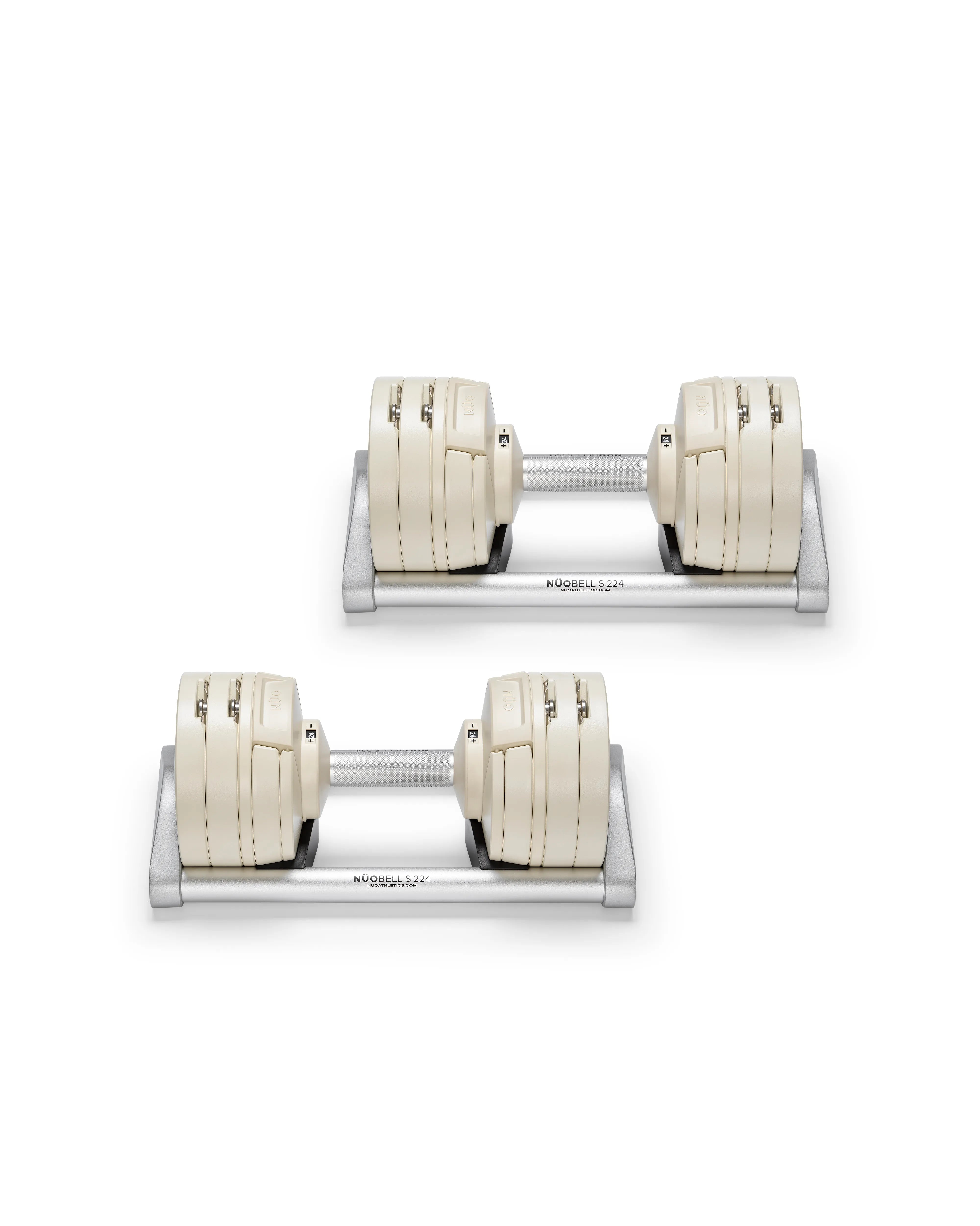 Close-up of NÜOBELL S 224 Sand adjustable dumbbell with sleek sand-colored finish designed for space-saving versatile strength training in any home gym