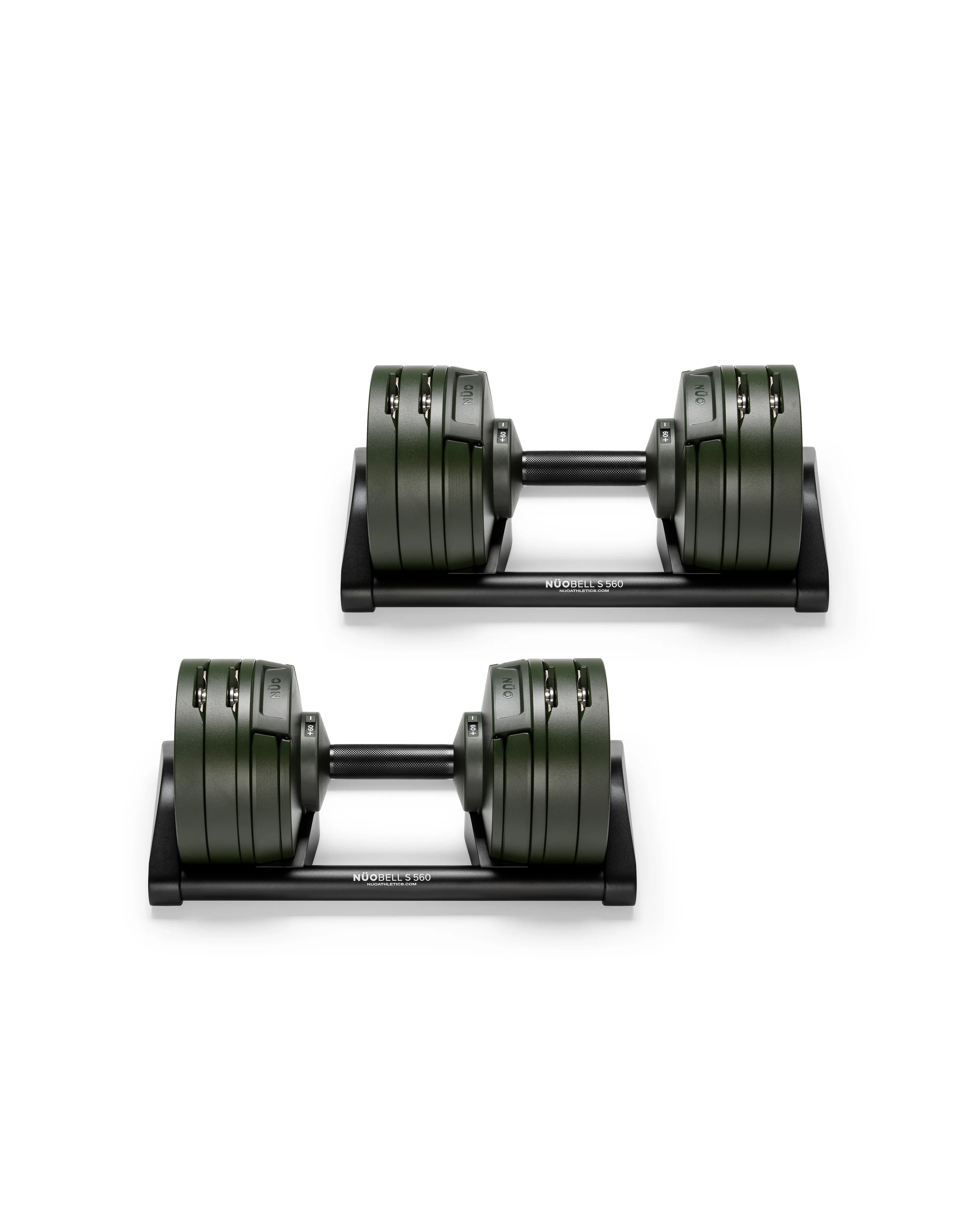 Close-up of NÜOBELL S 560 Green adjustable dumbbell featuring vibrant green finish, compact design, and easy weight adjustments for efficient home workouts
