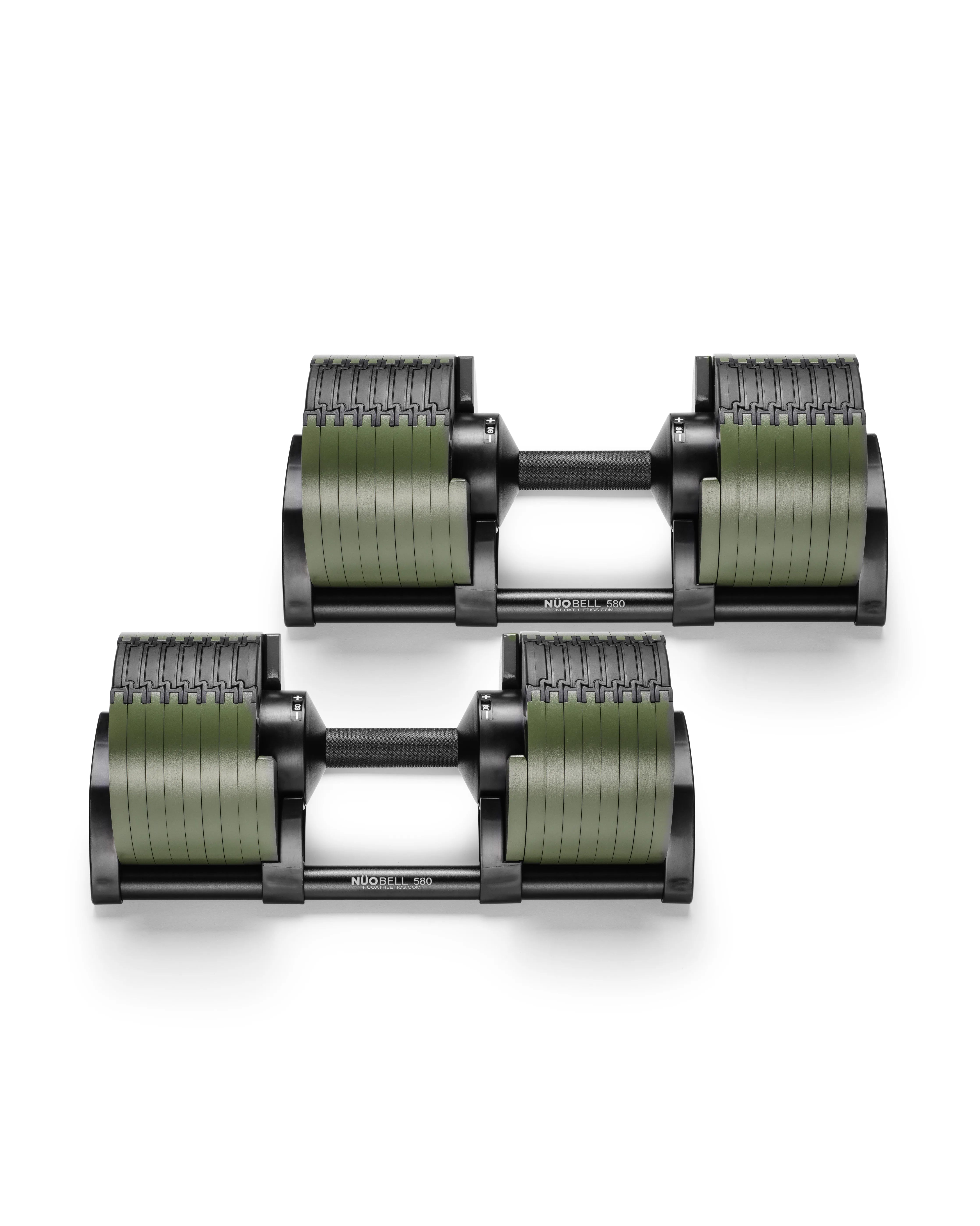 NÜOBELL 580 Green adjustable dumbbells feature a sleek, space-saving design with easy weight adjustments, perfect for versatile home strength training.